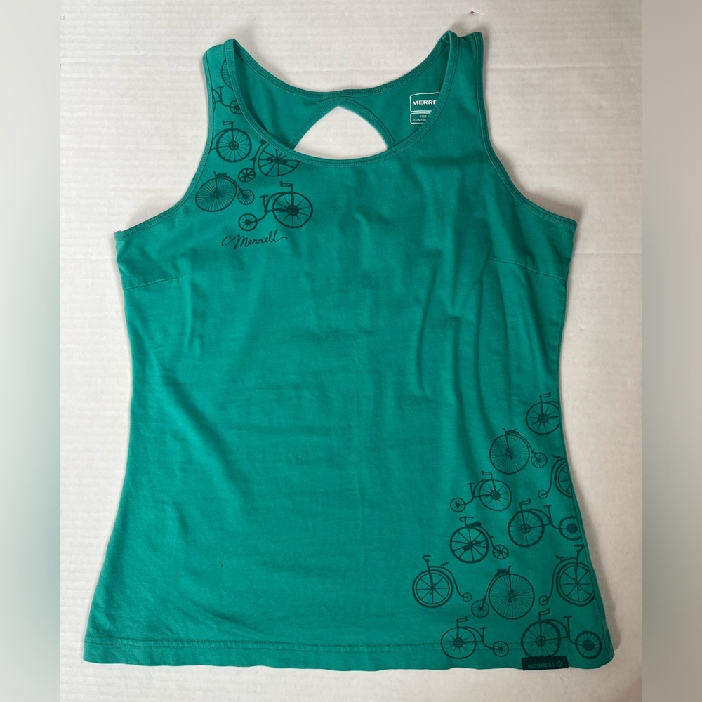 Merrell bicycle graphic tank top bike teal turquoise keyhole back size S cotton